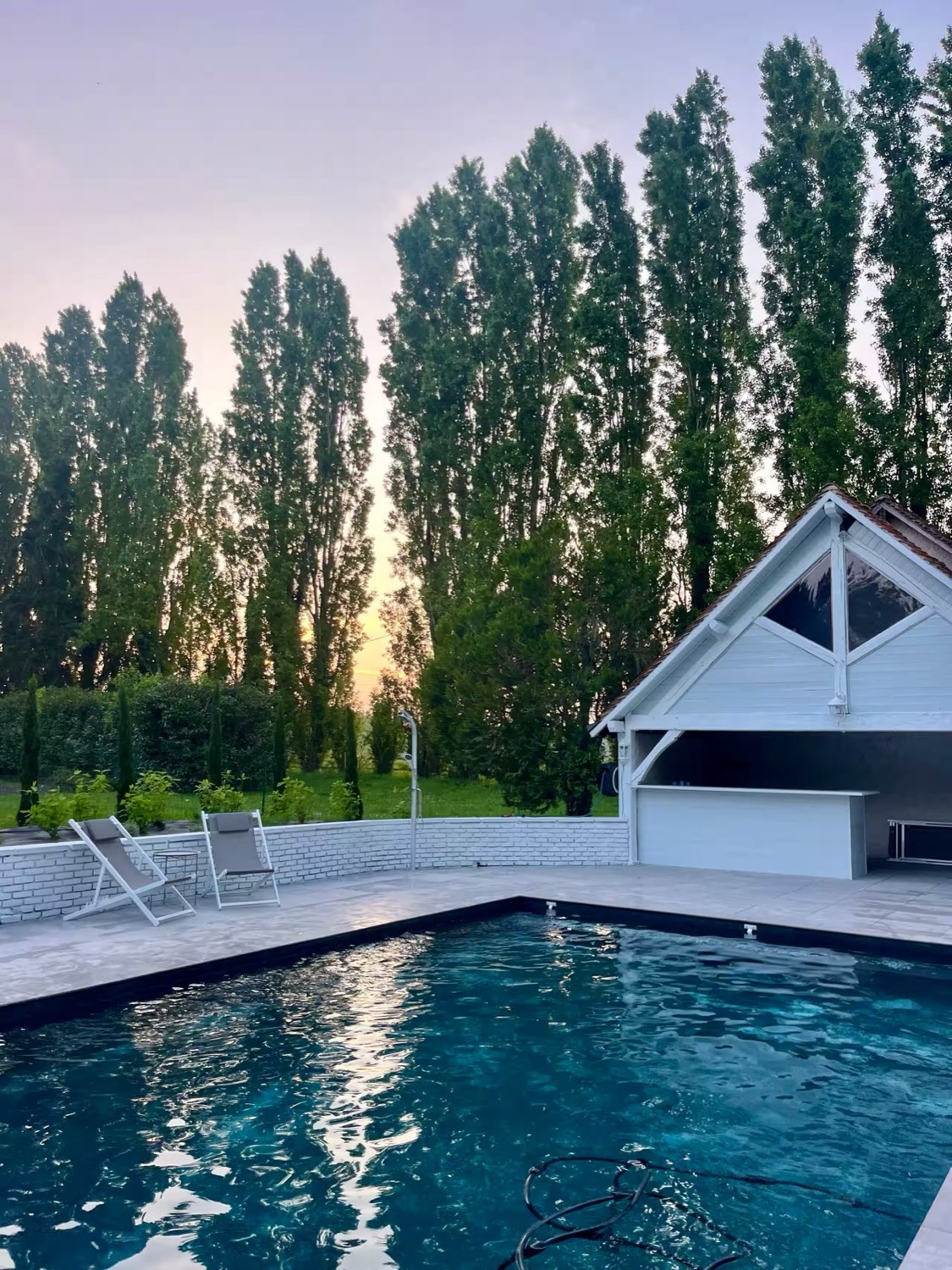Het verwarmde zwembad in de schemering, voor het poolhouse en de hoge populieren